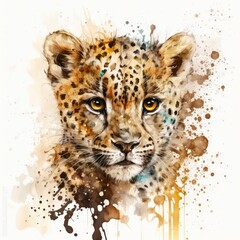 Fototapeta na wymiar Abstract portrait of a beautiful leopard in aquarelle style. Watercolor illustration of a spotted wildcat on white background. Generative AI art.