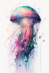 Fototapeta premium Abstract watercolor illustration of a jellyfish underwater. Vertical colorful drawing of a medusa in aquarelle style with paint splatters. Generative AI art.