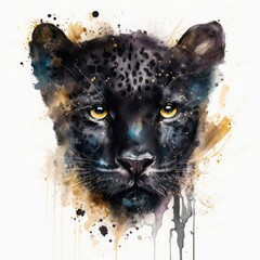 Abstract portrait of a beautiful black panther in aquarelle style. Watercolor illustration of a black wildcat on white background. Generative AI art.