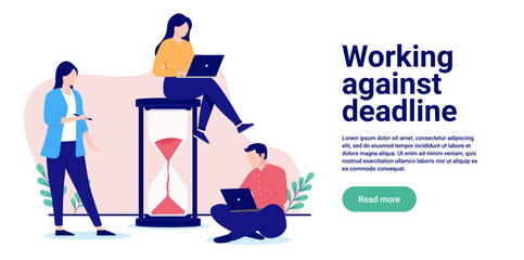 Working against deadline - Team of office people doing computer work around hour glass. Flat design vector illustration with white background and copy space for text