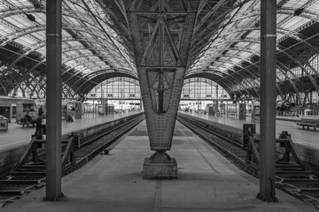 Dramatic black and white steel support beam with rivets in Leipzig Germany train station - 577788878