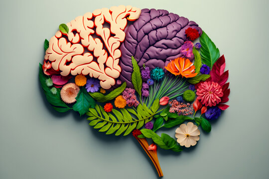 3d render brain with flowers and leaves, super photo realistic background, generative ai