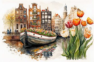 AI Generative art, Abstract Amsterdam city view with nordic architecture and tulips flower, Travel concept Poster - obrazy, fototapety, plakaty