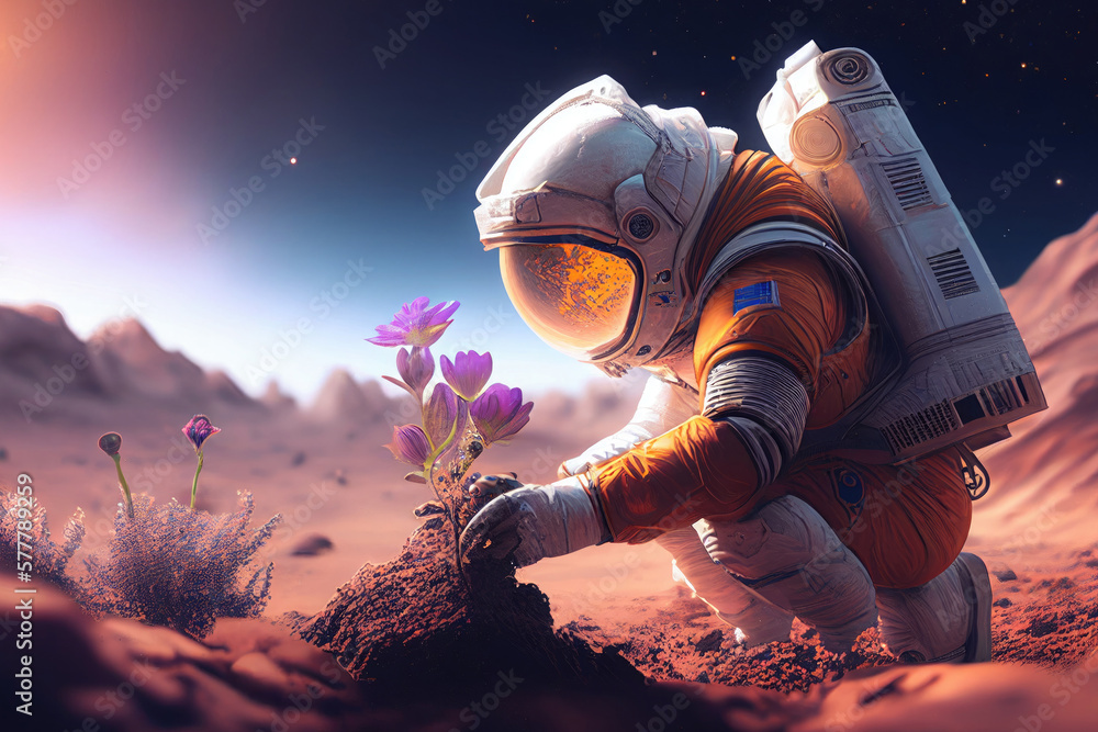 Wall mural alone astronaut in space suit seedling plant on surface of red planet. space exploration, colonizati