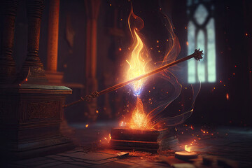 Magic wand in process of casting spell. Magic trace on an abstract dark background. Fantasy world. Created with Generative AI