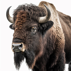 American bison head closeup portrait isolated on white, beautiful powerful animal, for tattoo, design and banners