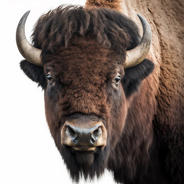 American bison head closeup portrait isolated on white, beautiful powerful animal, for tattoo, design and banners