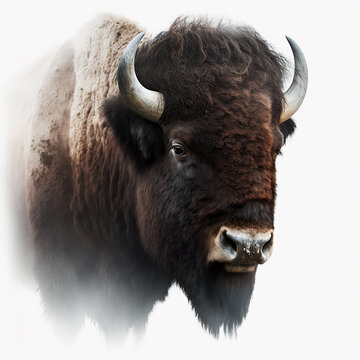 American bison head closeup portrait isolated on white, beautiful powerful animal, for tattoo, design and banners, ai generative