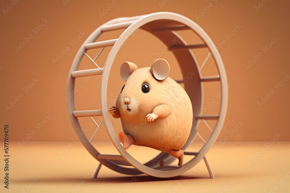 Wall mural Cute Carton Hamster Running on a Hamster Wheel (Generative Ai)