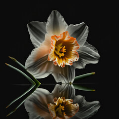 Narcissus daffodil isolated on black background close-up. Beautiful unusual transparent flower. Original flower background, floral wallpaper