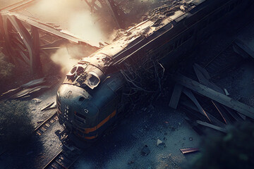 Fototapeta premium Passenger train crash accident, aerial view. Broken wagons and damaged locomotive on the railway. Created with Generative AI