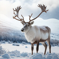 Reindeer with big antlers close-up on the background of nature and snow, ai generative