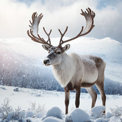 Reindeer with big antlers close-up on the background of nature and snow