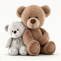 Old vintage retro toy teddy bears white and brown isolated on white close-up, ai generative