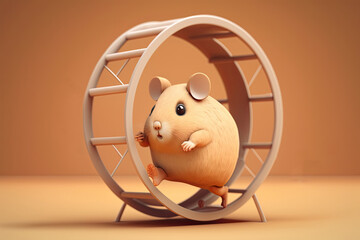 Cute Carton Hamster Running on a Hamster Wheel (Generative Ai)