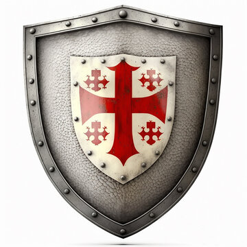 Antique medieval retro German knight shield isolated on white closeup