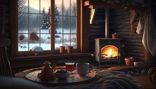 Cozy winter scene with fireplace and hot cocoa and winter related things