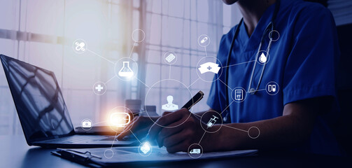 Medicine doctor working with digital medical interface icons on the hospital background, healthcare...