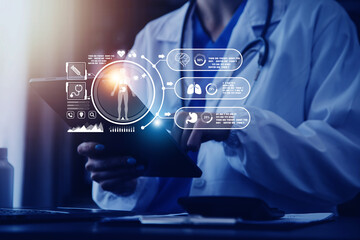 Medicine doctor working with digital medical interface icons on the hospital background, healthcare and Medical technology and network concept.