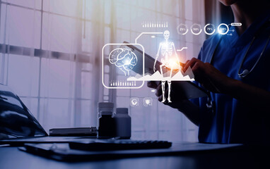 Medicine doctor working with digital medical interface icons on the hospital background, healthcare and Medical technology and network concept.
