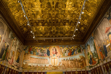 A room completely frescoed with religious subjects, inside Toledo Cathedral, Spain. - obrazy, fototapety, plakaty