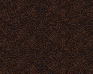 Cocoa background. Chocolate pack design. Floral ornament. Beans and branches leaves. Editable outline stroke. Vector line.