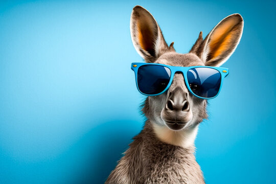 Cute kangaroo in the sunglasses on the simple background with lights, super photo realistic, generative ai