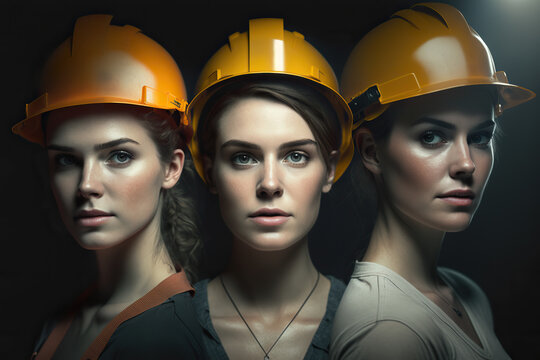 Three women construction workers wearing a hard hat Generative AI