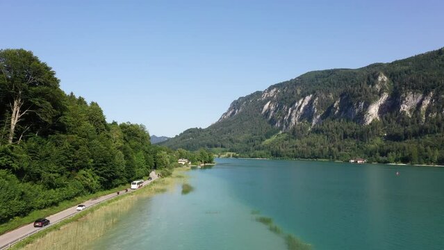 aerial view of mondsee with mountain schafberg,austrian region salzkammergut,austrian romantic road,travel photography by drone,