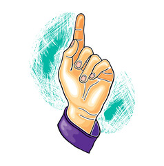 Ludzka dłoń z uniesionym palcem wskazującym. Ostrzeżenie palcem. Kolorowy symboliczny rysunek ludzkiej ręki. Ręka z podniesionym palcem, gest, ilustracja wektorowa