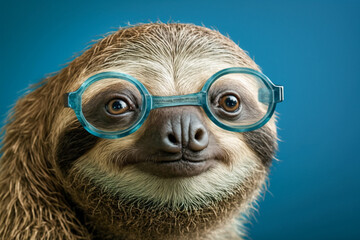 Cute animal sloth in the glasses on the simple blue background, super photo realistic, generative ai