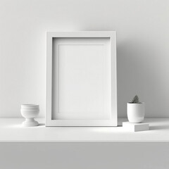 Fototapeta na wymiar Aesthetic White Frame Mockup on Wooden Table and Wall generative ai