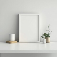 Aesthetic White Frame Mockup on Wooden Table and Wall generative ai