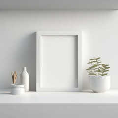 Aesthetic White Frame Mockup on Wooden Table and Wall generative ai