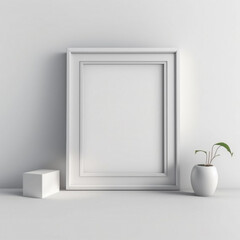 Aesthetic White Frame Mockup on Wooden Table and Wall generative ai