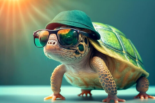 Cute funny turtle in the sunglasses and summer hat, super photo realistic background, generative ai