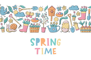 Spring time banner, print, poster, template, card decorated with quote and horizontal border of doodles. EPS 10