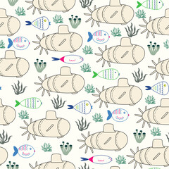 Seamless pattern with beige color submarines, fishes and seaweeds. Vector illustration in flat design.