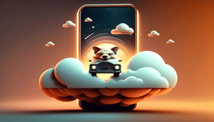 AI-generated image of a smartphone floating on a cloud with a whimsical pig driving a car on the screen, set against an amber background.