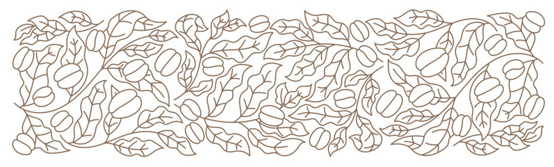 Coffee beans and leaves background. Coffea plant pattern. Floral ornament. Editable outline stroke. Vector line.