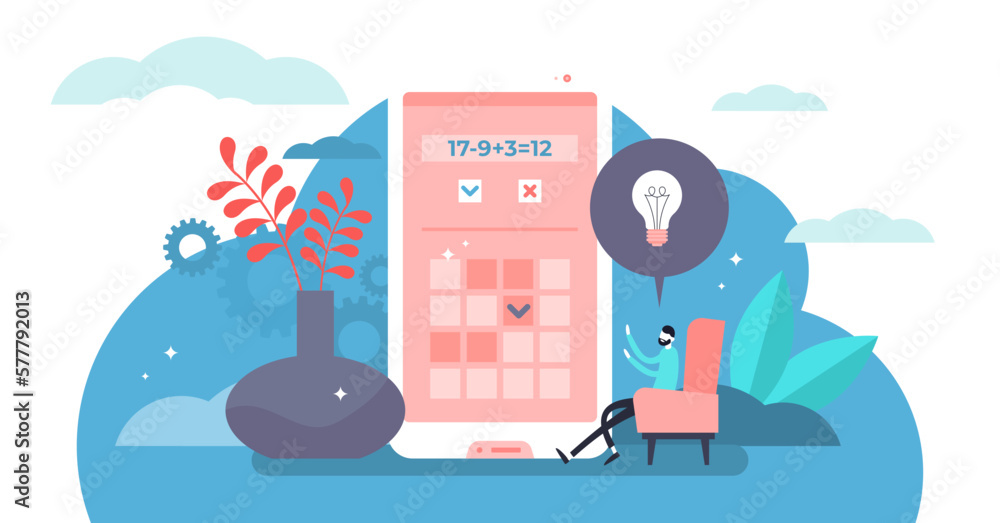 Poster brain training illustration, transparent background. flat tiny puzzle application persons concept. b