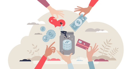 Charity donation and money sharing for support and help tiny person concept, transparent background. Generosity and collective community financial assistance illustration.