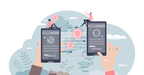 Crypto transaction and digital money transfer from phone tiny person concept, transparent background. Online paying process with e-commerce purchases illustration. Virtual wallet usage.