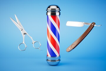 barbershop service concept. Barbershop emblem, razor and haircut scissors on a blue background. 3D render