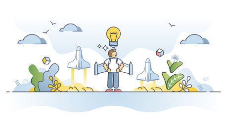Inspiration boost and innovative business idea breakthrough outline concept, transparent background. Powerful creative project launch and high performance as upward rocket acceleration.