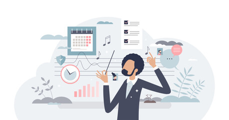 Marketing manager for creative and innovative advertisement strategy tiny person concept, transparent background. Professional social media tactics for brand recognition campaign illustration.