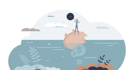 Sunk cost fallacy as invested business resource evaluation tiny person concept, transparent background. Accounting analysis for financial sinking company and bankruptcy problems illustration.