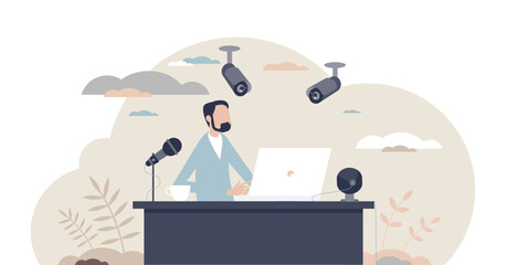 Surveillance at work as CCTV camera workplace monitoring tiny person concept, transparent background. Security system for clerk desk and job control with microphone and webcam illustration.