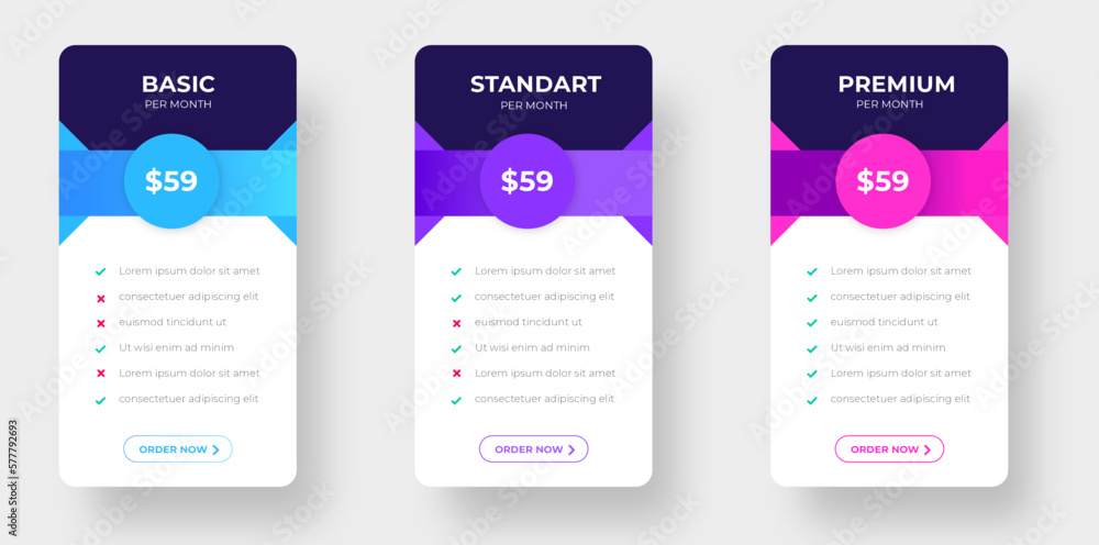 Fototapete pricing plans table and pricing chart price list for web or app. ui ux pricing design tables with ta