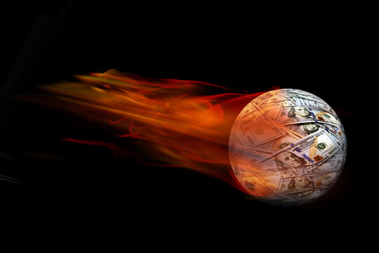 Moneyball on fire going flying into dark space.
